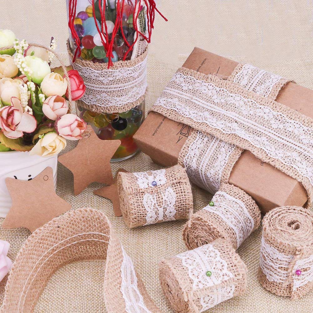 VGOODALL Juteband Spitzenband, Vintage Hessische Natürliche Sackleinen Band mit Weisse Spitzen für DIY Handwerk Hochzeit Party Weihnachten Deko (6 Rolle)