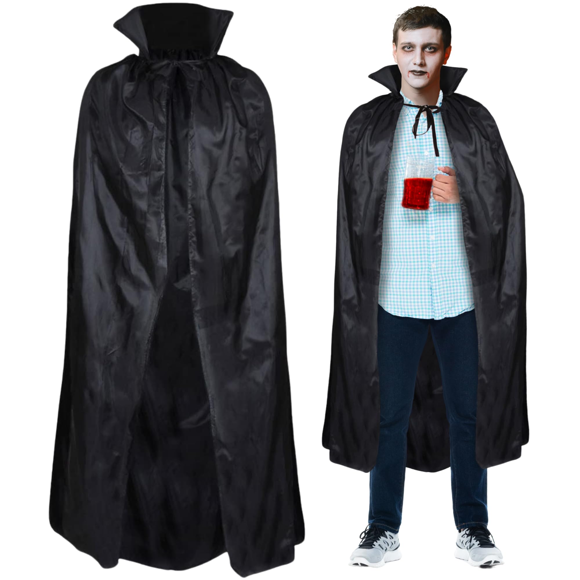 Adult Black Cape with Collar - 140cm Long Halloween Vampire Cape with Collar for Vampire Costume - Black Cloak for Halloween Costumes Adults Fancy Dress Accessories