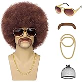 G&T Wig 70s Afro Wig for Men with Glasses Chain and Mustache Mens Costume Disco Short Curly Brown Mixed Hair Fluffy Synthetic Funny Wigs for Party Halloween Hippies Rocker(Brown Mixed)