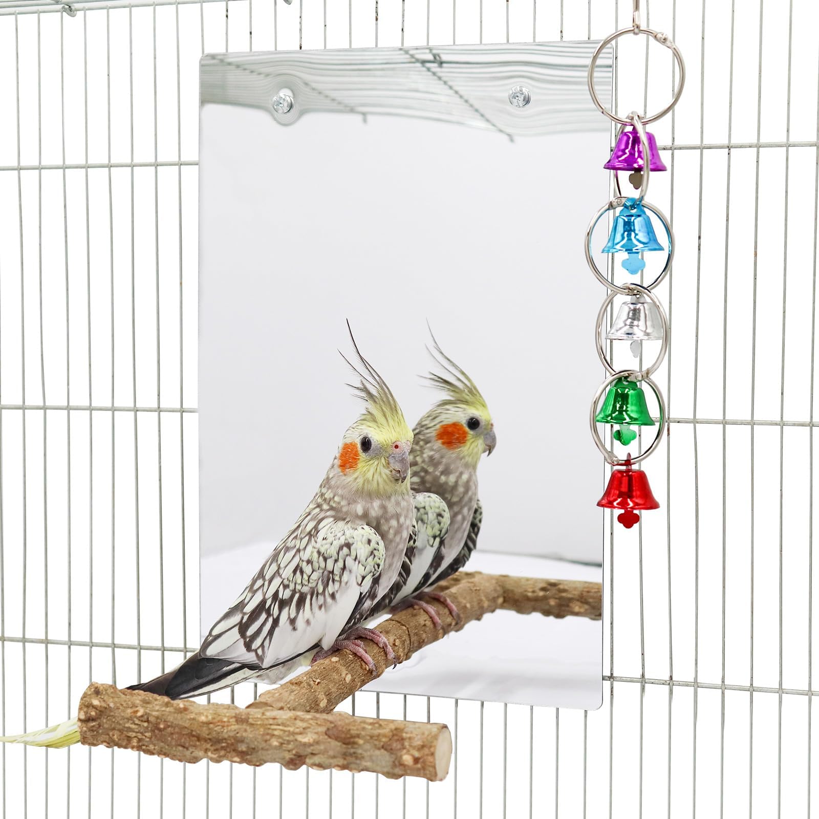 Large Bird Mirror Toy with Perch Stand, Parrot Parakeet Mirror with Bird Swing Bell Toys, Bird Cage Accessories, Suitable for Parakeet Cockatiel Conure Lovebirds - 30 × 20 CM