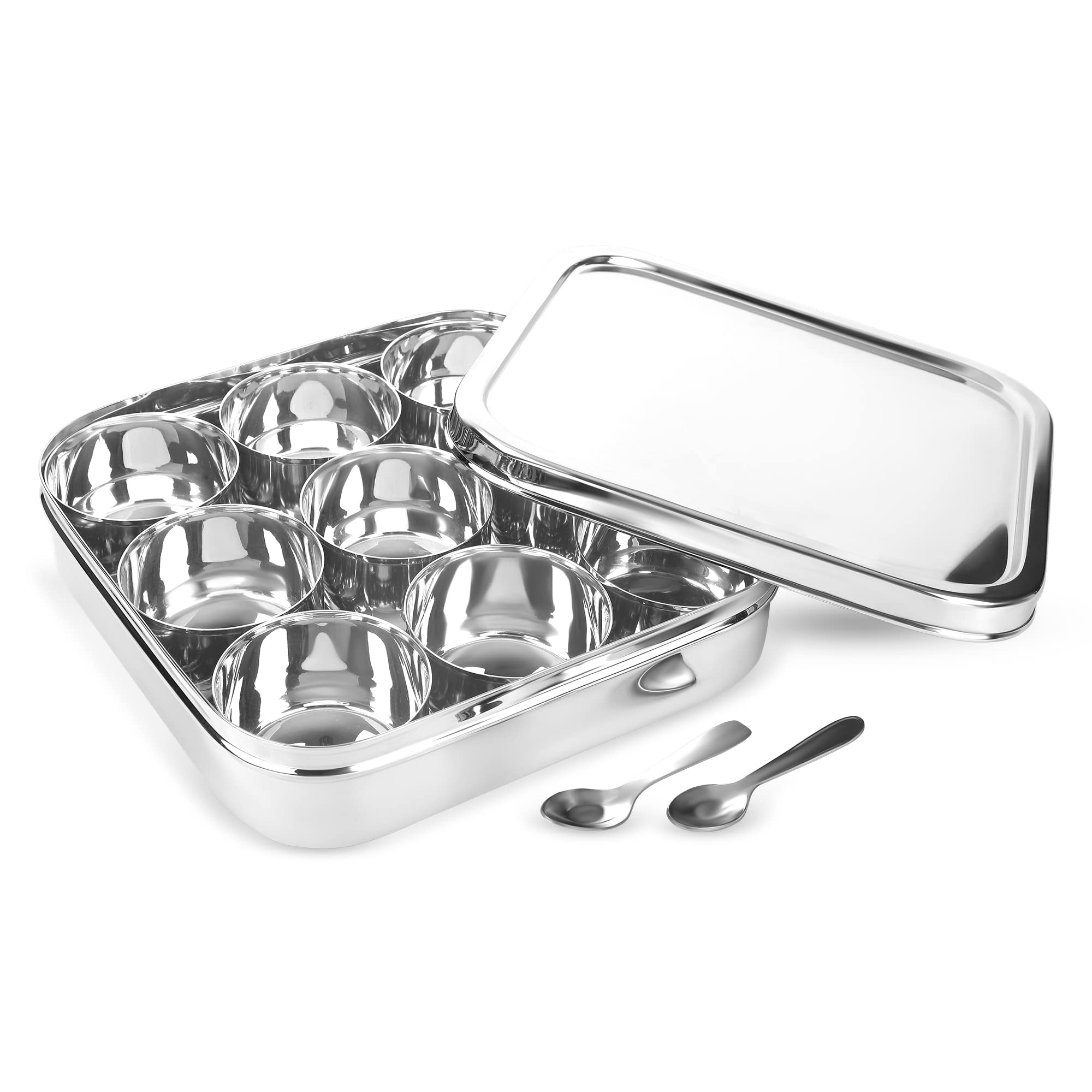 KSJONE Indian Spice Tin Stainless Steel Masala Dabba LARGE Curry Cooking Spice Tiffin Tin Box Kitchen Masala Container Spice Container 9 Compartments Storage Set
