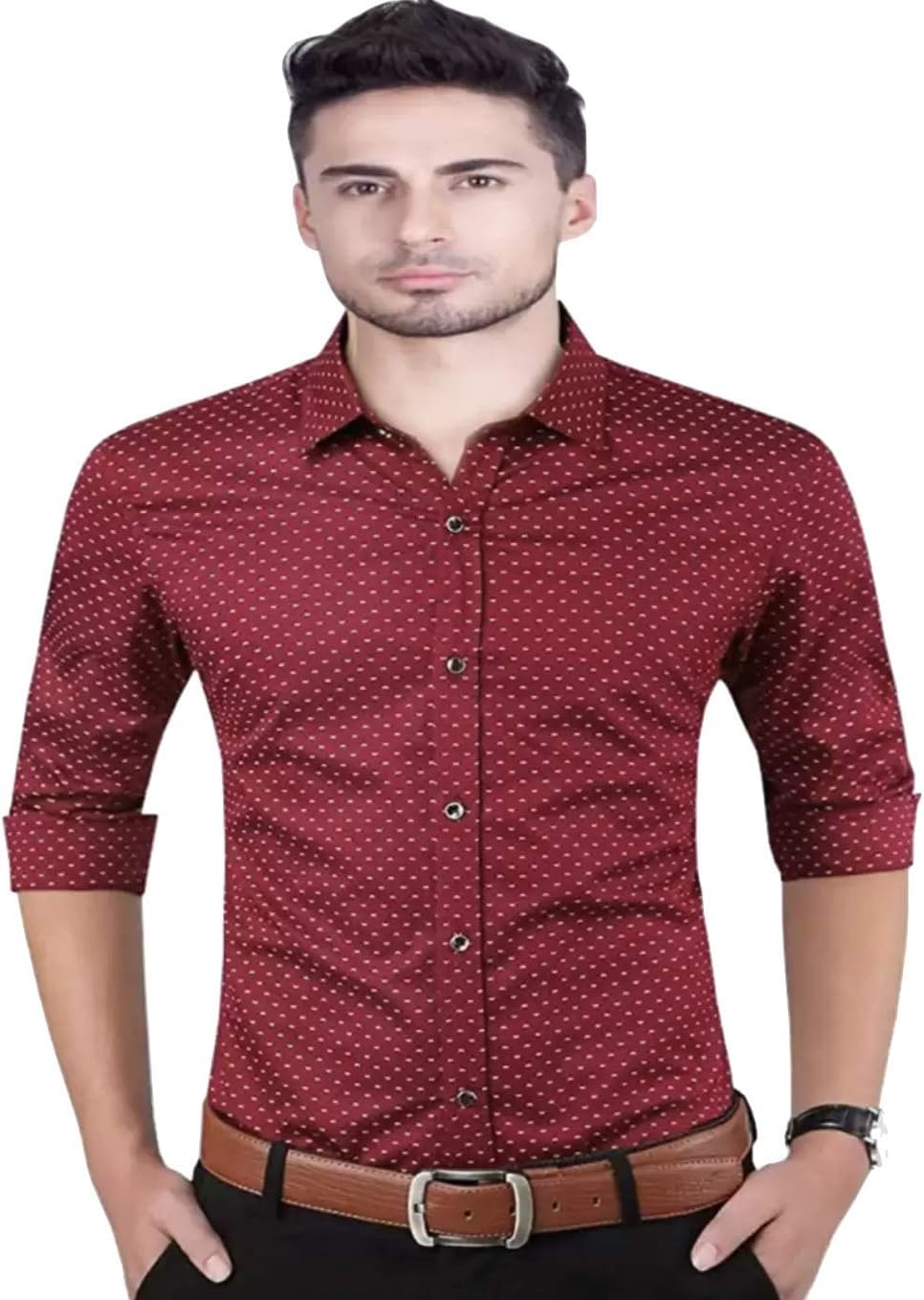 Peppyzone Men's Regular Fit Formal Shirt (PZ-798888_Maroon_Small)