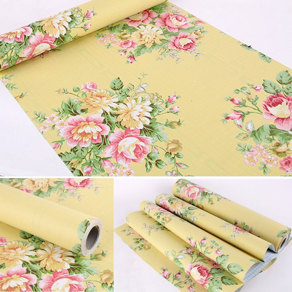 Retro Peony Floral Contact Paper Yellow Peel & Stick Shelf Liner Dresser Drawer Furniture Home