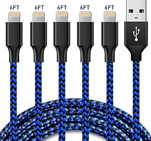 6FT iPhone Charger Lightning Cables, 5Pack Mfi Certified Charging Cable USB Syncing Data & High-Speed Nylon Braided Cord Cable Compatible iPhone 12 11 Pro Max XR XS X 8 8 Plus iPad iPod Air & More