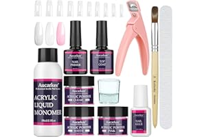 Aucarkee Acrylic Nail Kit, Acrylic Nail Powder And Liquid Monomer Kit with Primer Top Coat Nail Brush Glue Nail Tips and Tip Cutter - Clear/White/Pink