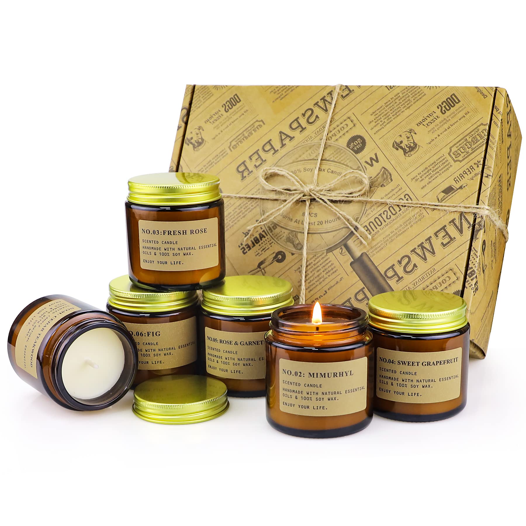 Scented Candles Gifts Set for Women,6 Pack Aromatherapy Candles Set,Long Lasting Burn Candle Gift for Mother Friend,Soy Wax Vegan Candle Present for Birthday,Valentine,Anniversary,Amber Glas Jar