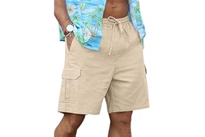 RQP Mens Linen Cargo Shorts Casual Drawstring Shorts Relaxed Fit Summer Beach for Men