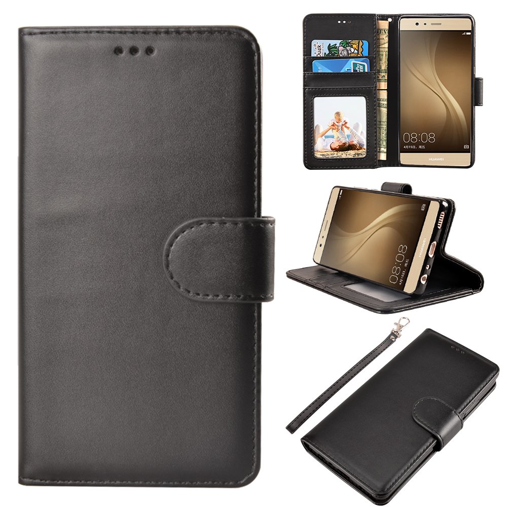 Huawei P9 Case, MagicSky Wallet Case Folio Flip Premium PU Leather Case Cover with Card Holder Slot Pockets, Wrist Strap, Magnetic Closure For Huawei P9 -Black
