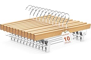 HOUSE DAY Wooden Pants Hangers with Clips, Solid Lotus Deluxe Wood Skirt Hangers, Heavy Duty & Anti-Rust Hook for Wrinkle-Free Slacks, Skirts, Jeans, Space Saving for Closet 10 Pack (Natural)