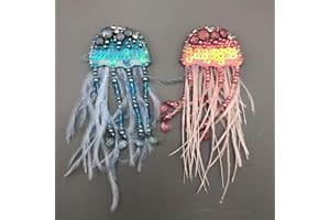 ESH7 2 Pcs Blue & Pink Jelly Fish Sequin Beaded Crystal Patches Sew On Patch Handmade Bead Patch Applique for T-Shirt Clothes Bags Handbag Jeans Jackets Dress