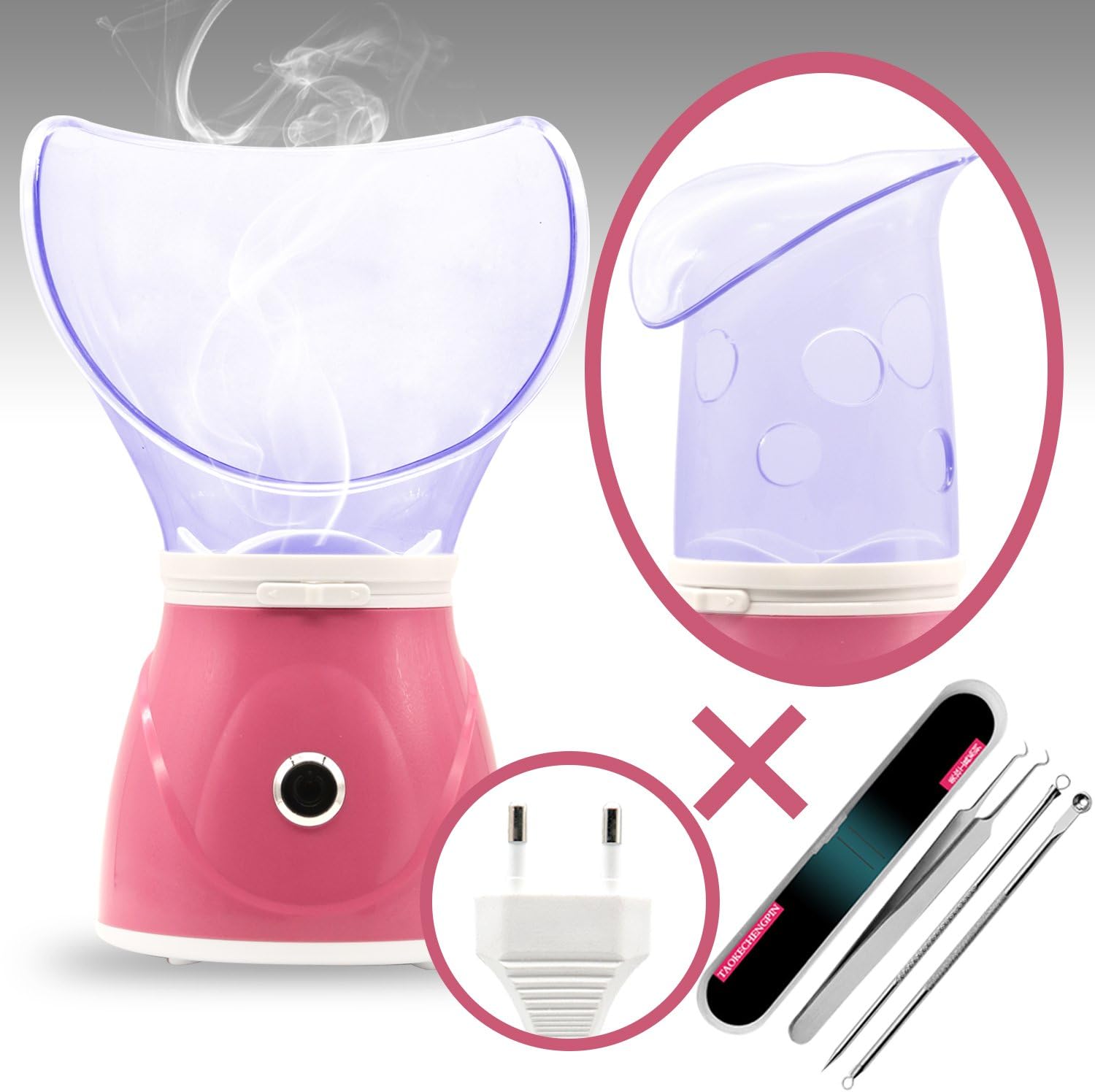 Facial Steamer+Acne Needle Set,Mothers Day Gifts,Valentine's gife, Professional Facial Sauna Steam Inhaler Spa for Face Mask Moisturizer and Sinus with Humidifier Function（Pink）