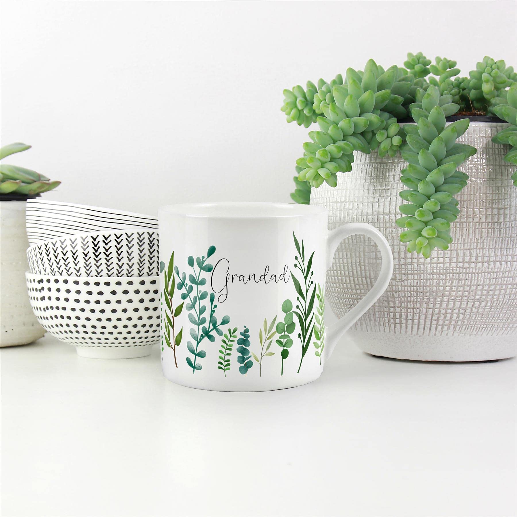 Purely Home Grandad Ferns & Greenery - Bone China White Garden Coffee/Tea Present Gift for Grandad/Grandpa