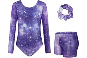 JiAmy Gymnastics Leotards for Girls, Long Sleeve Sparkly Gymnastics Athletic Outfit with Shorts for 3-12 years