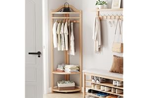 KASLANDI Corner Clothes Rack with Thick Clothes Rod, Wood Corner Hall Tree with Hooks, Clothes Rack Freestanding with Storage Rack for Entryway Bedroom（Natural color）