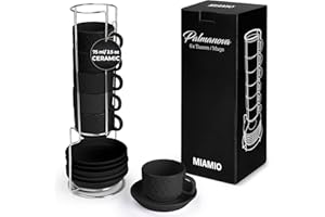 MIAMIO - 6 x 75 ml Stoneware Espresso Mug, Cup Set Modern with Stand and Saucers - Palmanova Collection (Black)