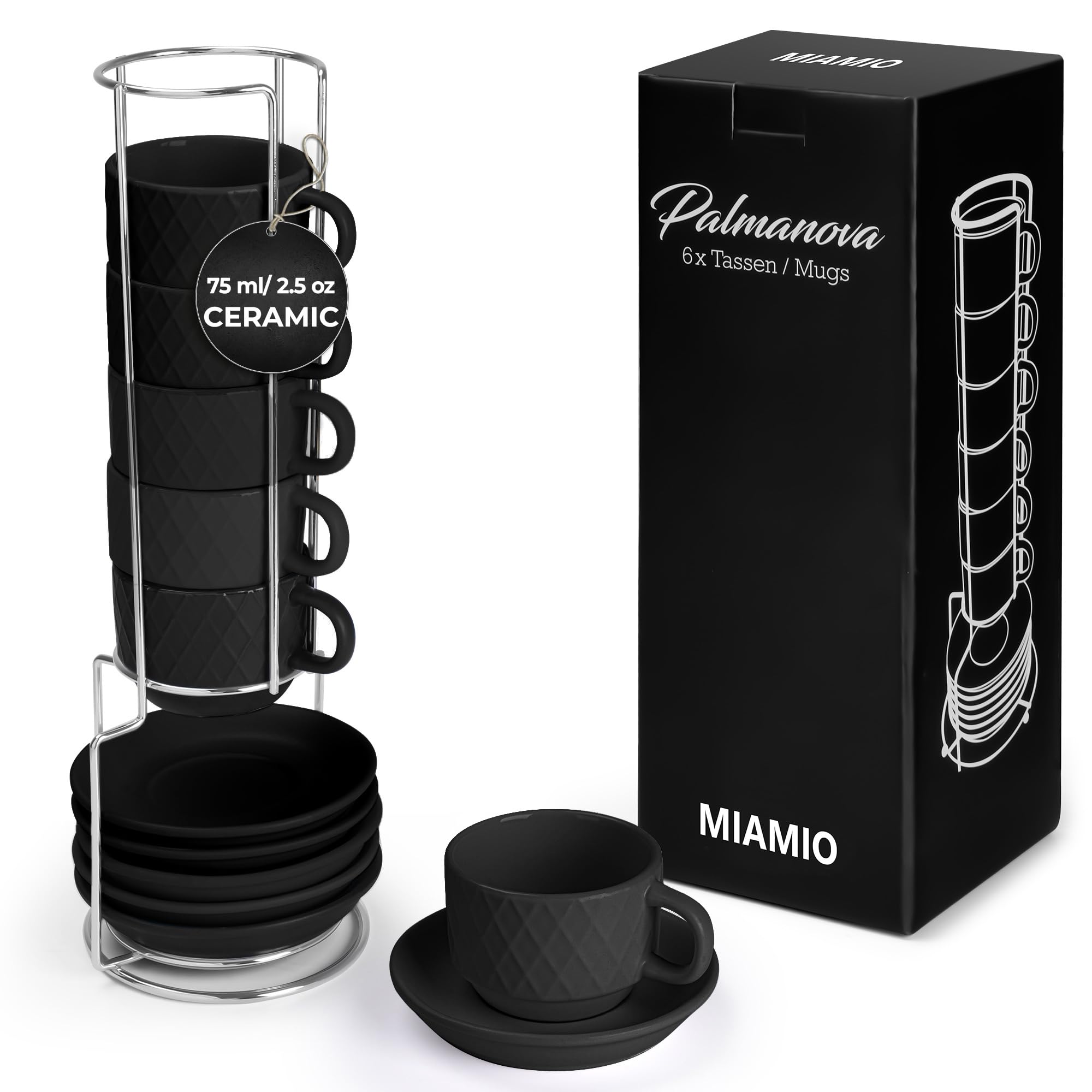 Photo 1 of MIAMIO - 6 x 2.5 oz Stoneware Espresso Mug, Cup Set Modern with Stand and Saucers - Palmanova Collection (Black)