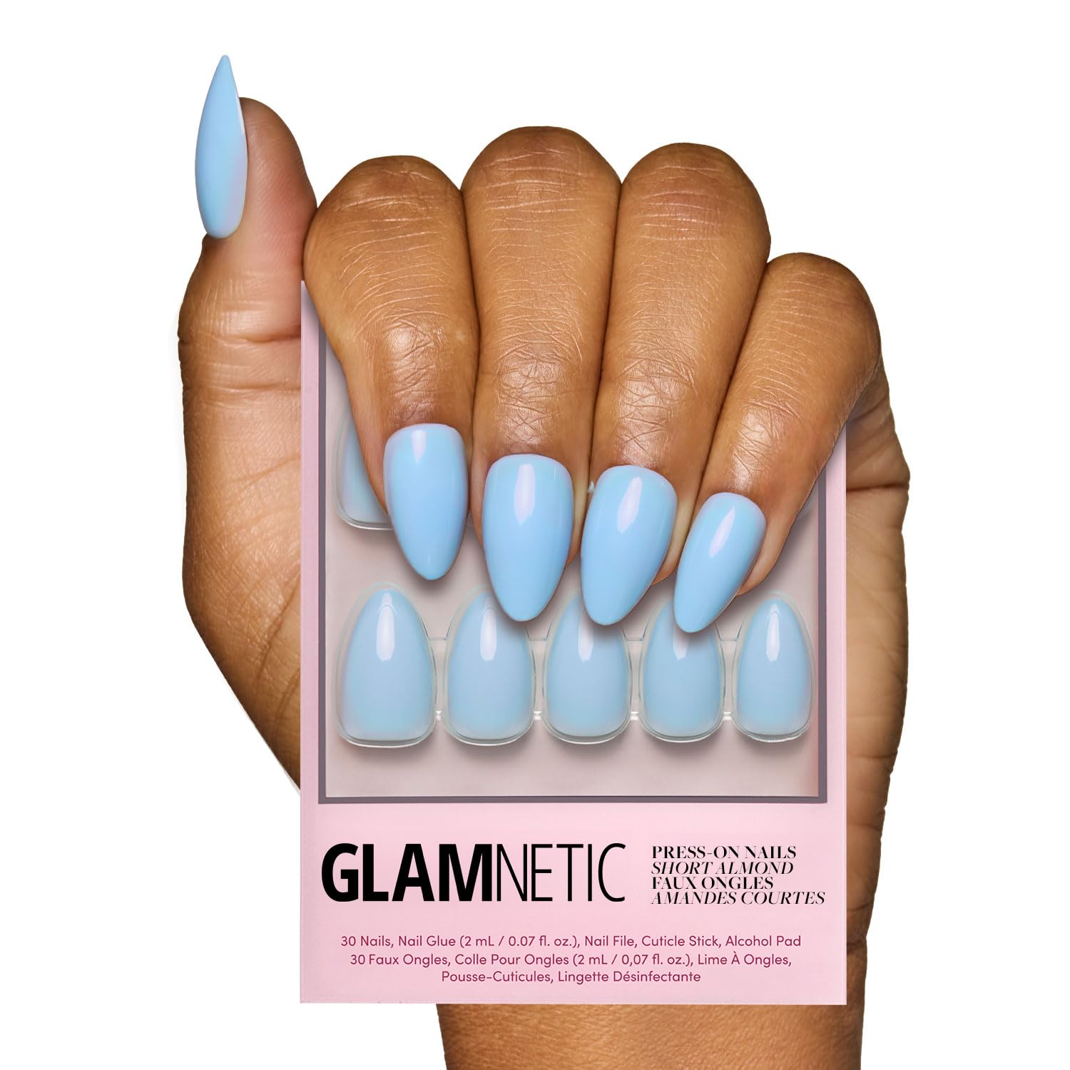 Glamnetic Press On Nails - Soft Blue | Short Almond Light Blue Fake Nails with Glossy Finish, Reusable Spring Nails | 15 Sizes - 30 Nail Kit with Glue