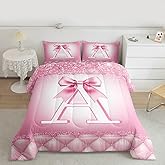 Feelyou Pink Bowknot Comforter Set Queen Size Initial Letter A Bedding Set for Kids Boys Girls Princess Glitter Duvet Quilt Bow Alphabet Bedroom Decor Microfiber 3 Pcs with 2 Pillow Cases