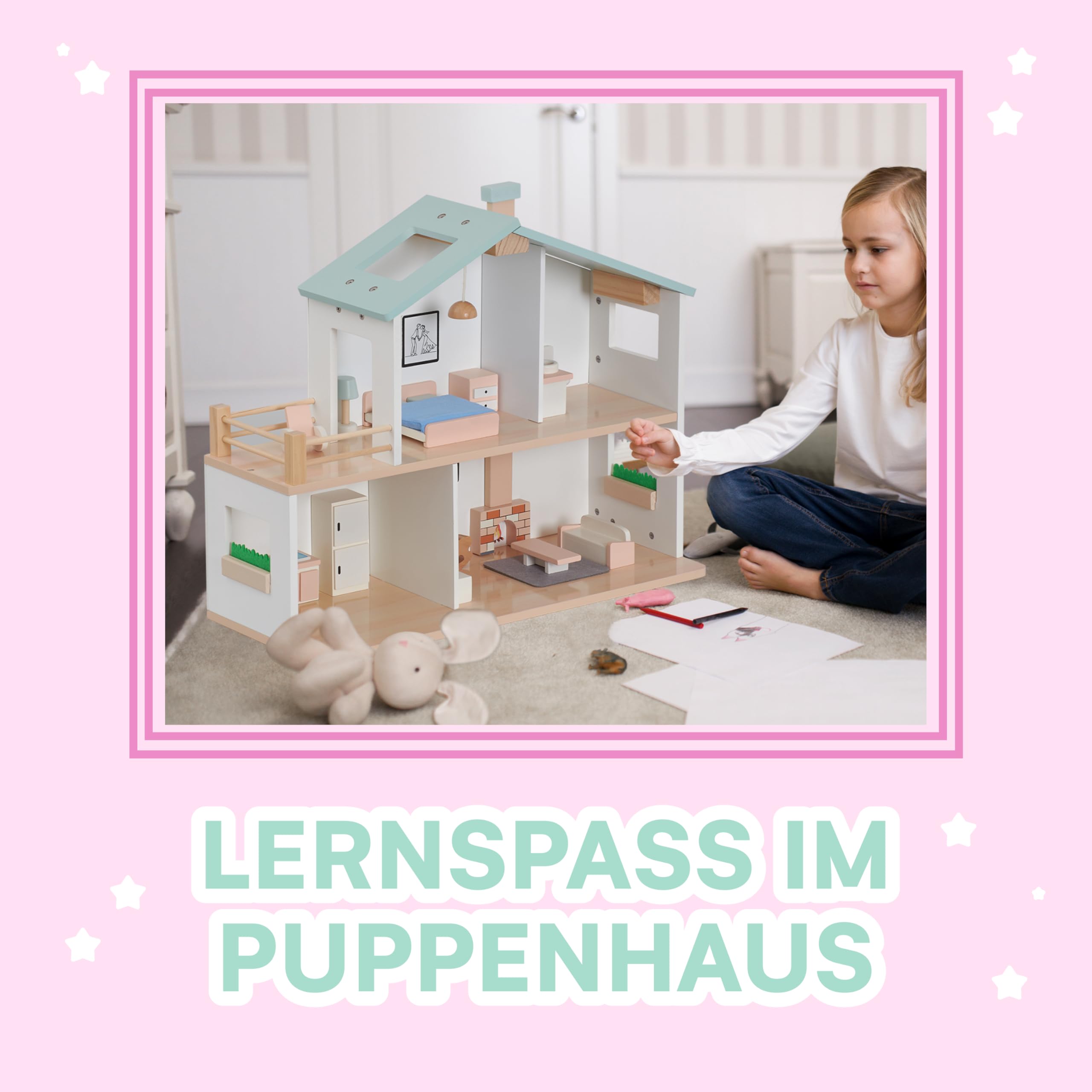 Jewelkeeper Puppenhaus Holz - Mehrfarbig - Spielpuppenhaus für Kinder ab 3+ - 20 Teile - Aus Holz und Stoff - Großartig für die Augen-Hand-Koordination 2