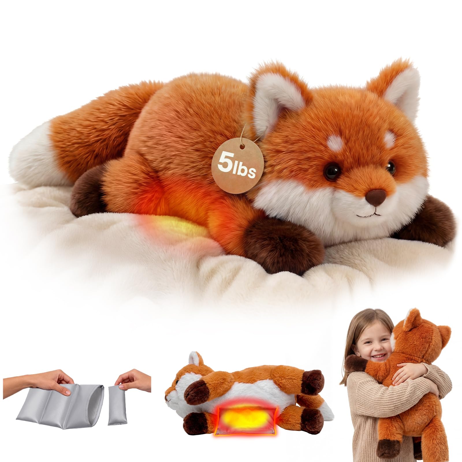 Mewaii Weighted Teddy Fox Plush Stuffed Animals, 2.3KG Microwavable Heating Pad Adjustable, Heatable & Coolable Plush for Realistic Hug, Removable Inner Pad, Gifts for Kids & Adults (58cm)