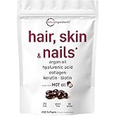 Micro Ingredients Hair Skin and Nails Vitamins for Women & Men | 400 Softgels with MCT Oil | 22-in-1 Argan Oil, Hyaluronic Acid, Collagen, Keratin & Biotin Complex | Natural Hair Growth Support