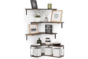 RICHER HOUSE 5-Tier Corner Floating Shelves Set of 5, Corner Shelves for Wall Storage, L-Shaped Corner Wall Mounted Shelf for Bedroom, Living Room, Bathroom, Kitchen - Rustic Brown