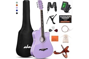 ADM 38" Inch Acoustic Guitar Bundle for Beginners Adults with Online Lesson, Cutaway Wood Acustica Guitarra Starter Set Package with Gig Bag, Strap, Steel Strings, Picks, Capos, Stand, Purple 1