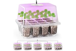 Bonviee 5 Packs Seed Starter Tray with Grow Light, Elevated Seedling Starter Trays Kits with Adjustable Humidity Domes and Clear Cell Tray, 12 Full Spectrum led lamp Beads for Plants Indoor-Clear
