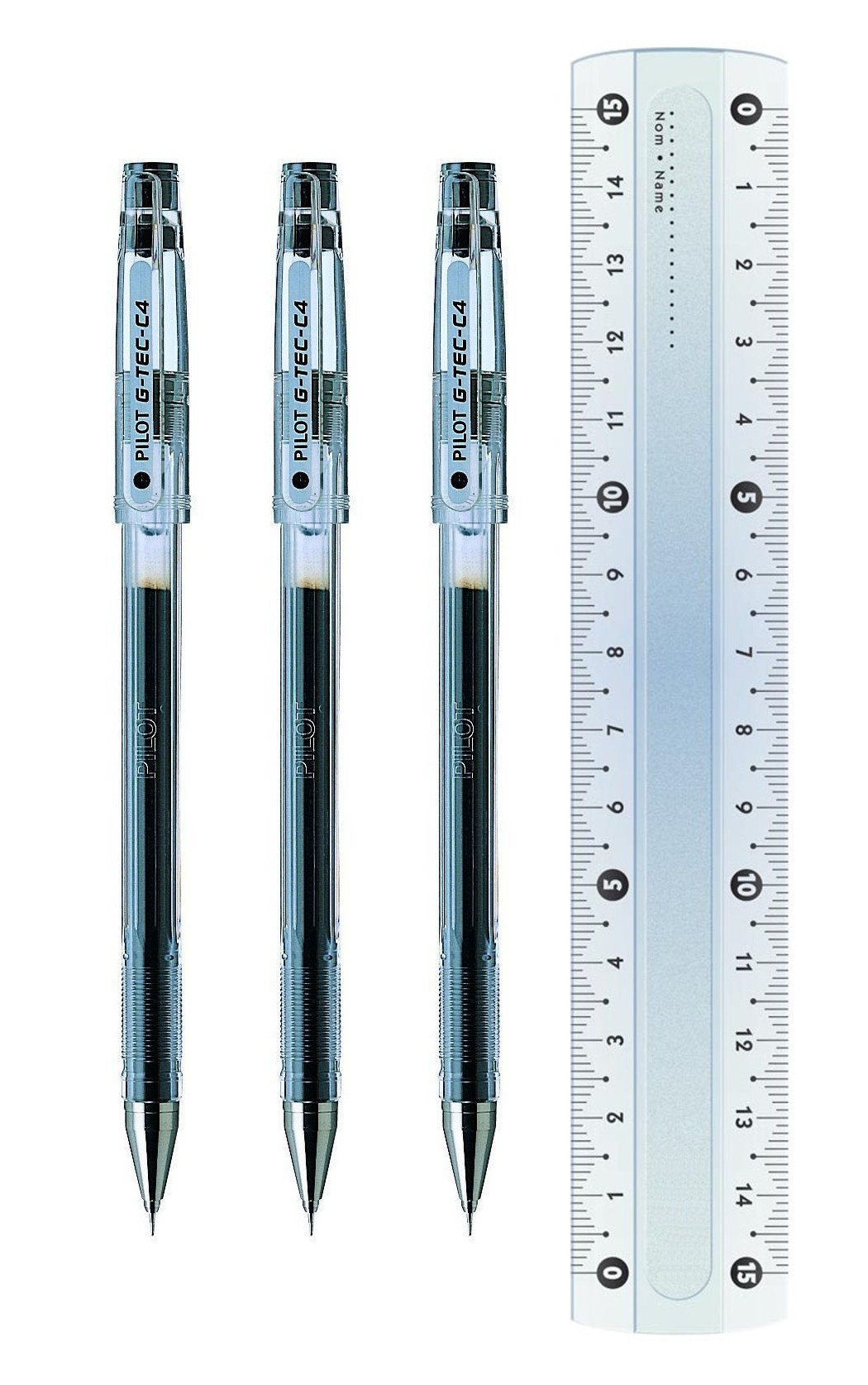 Pilot G-Tec-C4 Rollerball Pen Gel Micro, 0.4 mm Tip Fineliner Black 3 Stück + gratis Lineal