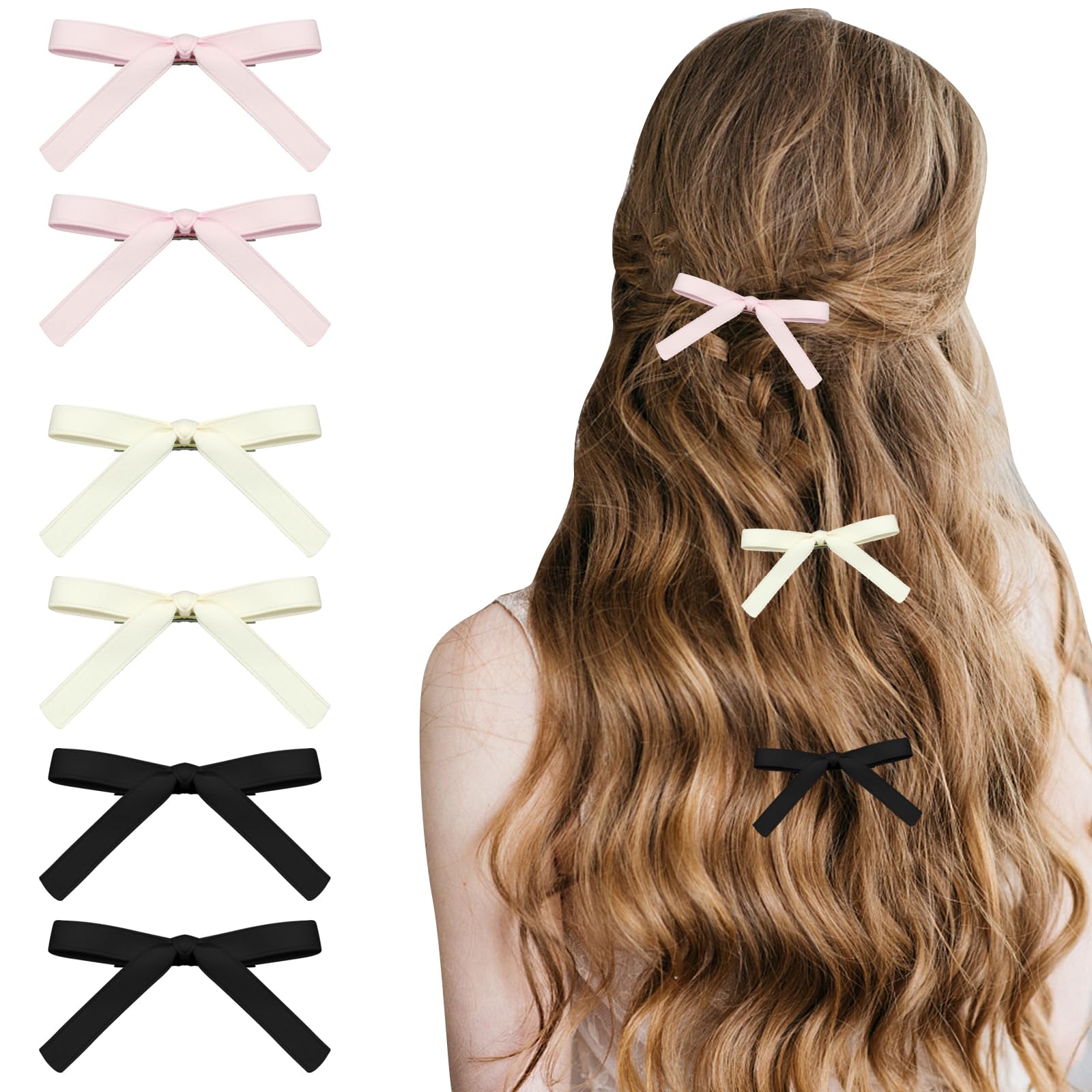 6Pcs Hair Bows for Women, Ribbon Clips, Satin Bow Metal Alligator Clips, Solid Color Ribbons for Women Girls Accessories, Cute Hair Clip for Long Curly Ponytails