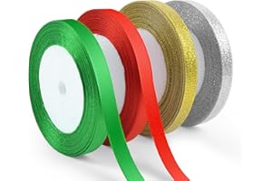 Quhora 4 Rolls 3/8" Christmas Glitter & Satin Ribbons Set, Total 100 Yards Xmas Holiday Ribbon for Gift Wrapping, Crafts, Festival Ornaments, Wedding Party Decoration