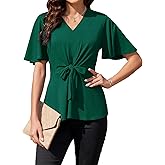 ArtJuly Women Casual Peplum Tops Elegant V Neck Bell Short Sleeve Dressy Blouses Cute Tie Front Tops Shirts