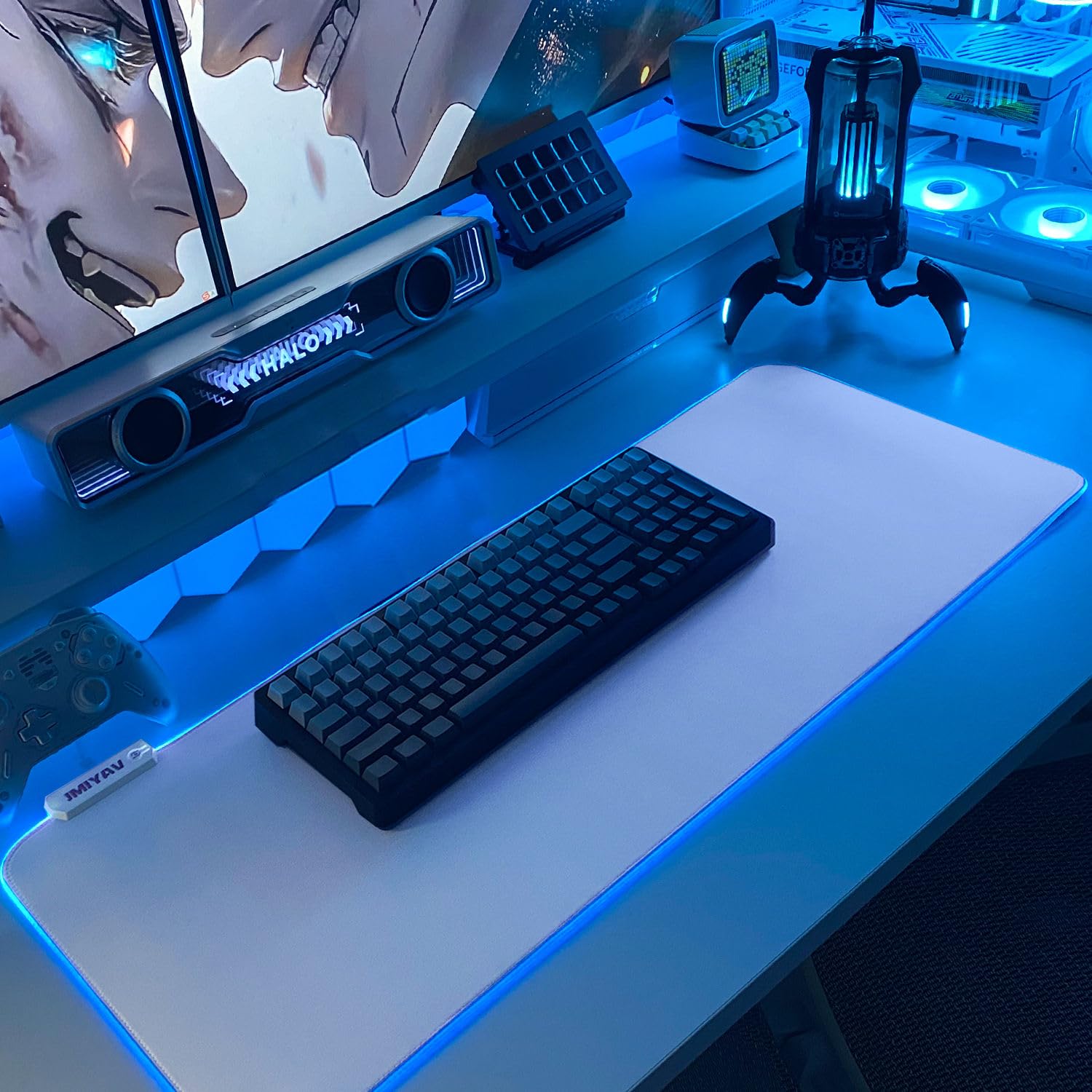 Photo 1 of JMIYAV White Gaming Mouse Pad RGB Mousepad Non-Slip Rubber Base Extra Large Cool XL XXL Computer Desk Pad Gaming Accessories LED Light Up Extended Big Mouse Pad for Gamer (31.5x12In) Upgrade