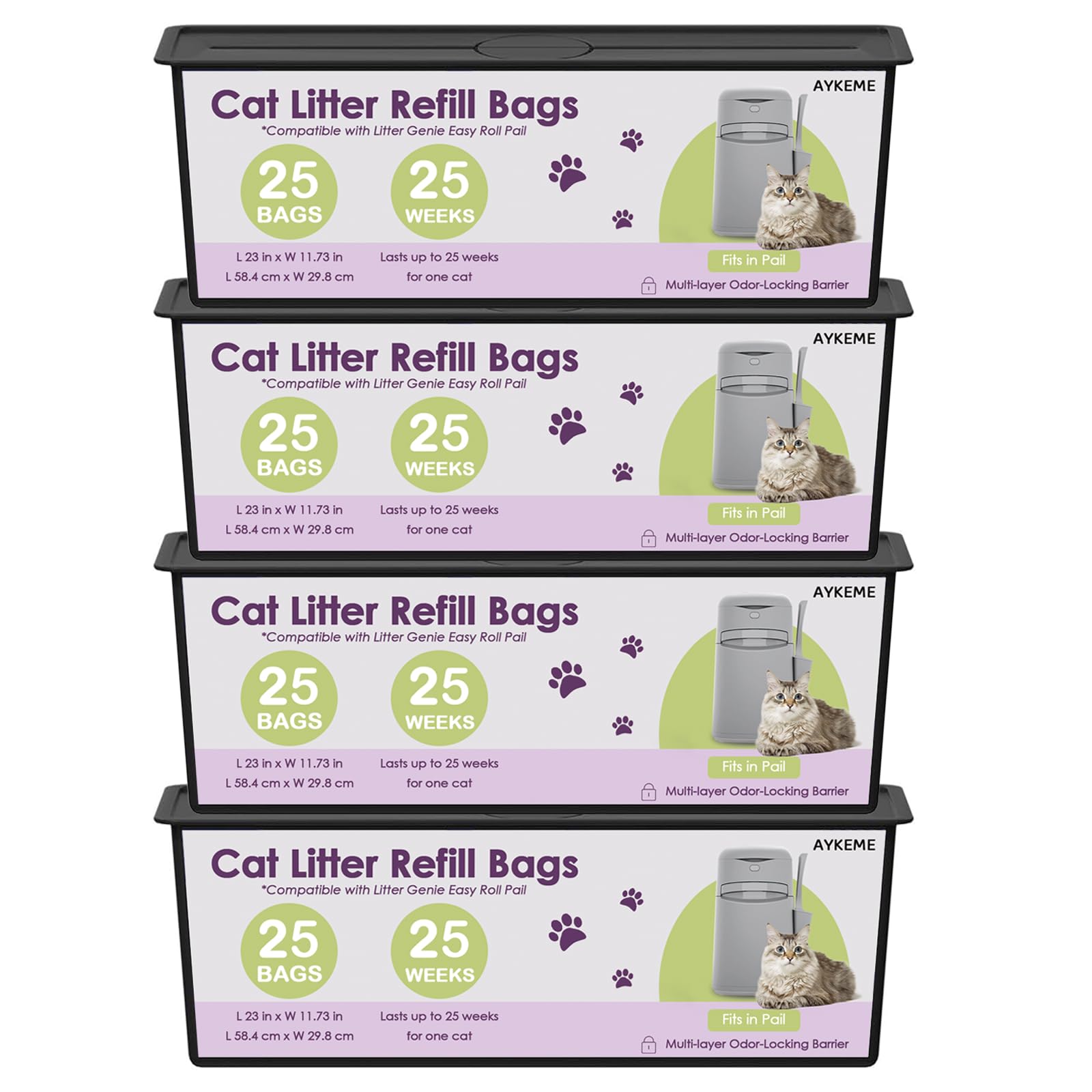 Photo 1 of 100 Cat Litter Refill Roll Bags Compatible with Litter Genie Easy Roll Pail | Odor-Control & Long-Lasting Refills | 4 Pack (100 Bags Total)