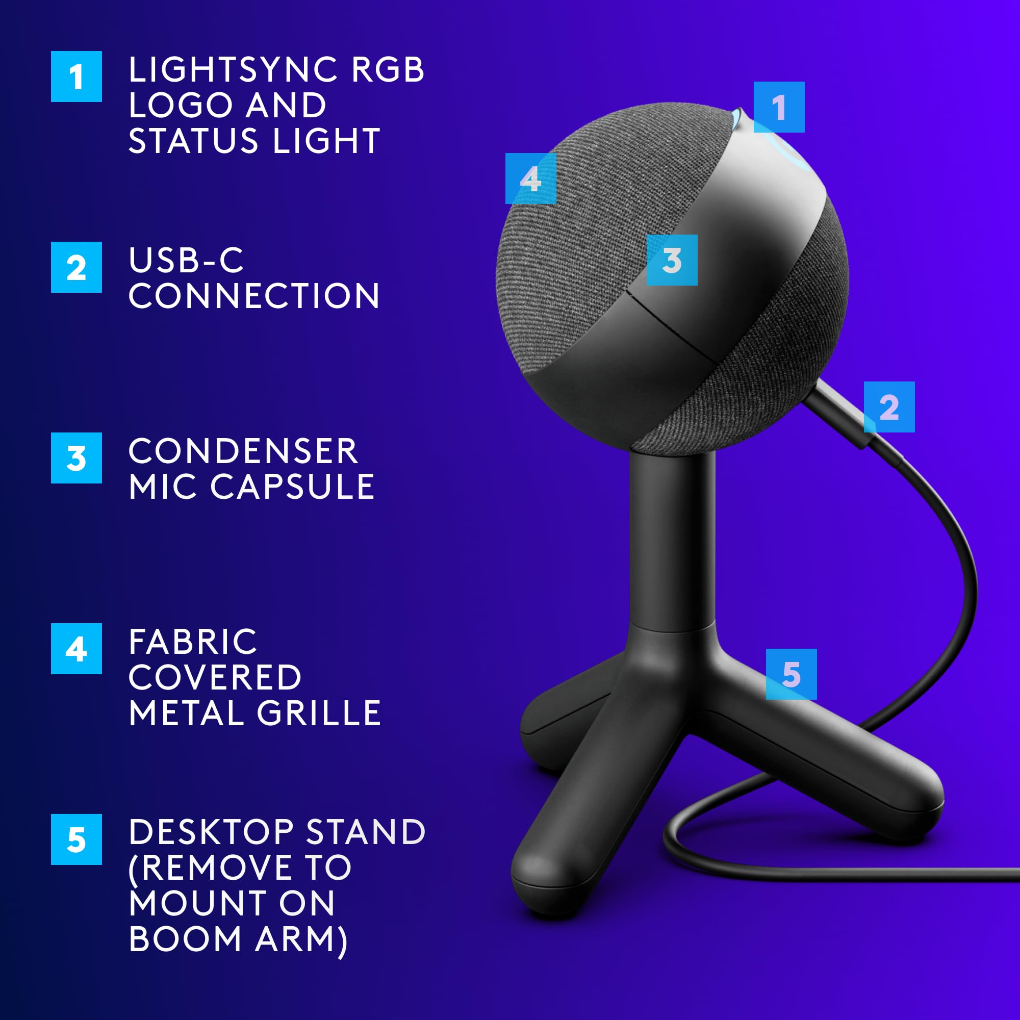 Logitech G Yeti Orb Condenser RGB Gaming Mic with LIGHTSYNC, USB Mic for Streaming, Cardioid for PC/Mac - Black