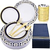 Nervure 175PCS Blue Plastic Plates - White Blue Gold Disposable Plates Include 25Dinner Plate, 25Dessert Plate, 25Cups, 25Forks, 25Knives, 25Spoons, 25Napkins for Wedding & Party