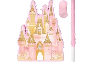 JOARHONAL Princess Castle Pinata - Pink Castle Pinata with Blindfold and Bat for Girls Kids Princess Theme Birthday Party Game Decorations (16.7”x11.8”x3”)