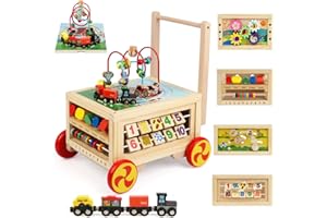 FOPNETS Wooden Activity Cube 7-in-1 Montessori Toys for 1+ Year Old Boys Girls Educational Learning Toys for Toddlers Age 1-2 One Year Old First Birthday Gift Bead Maze Magnetic Trains Track Shape Sorter