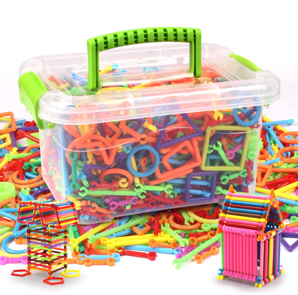 Construction Building Blocks Smart Bar Set Assembling 3D Puzzle Toys DIY Interlocking Sticks Kit Geometry Intelligent Learning Education Toys for Girls Boys Age 3 4 5 6 7 8, with Toy Storage Box