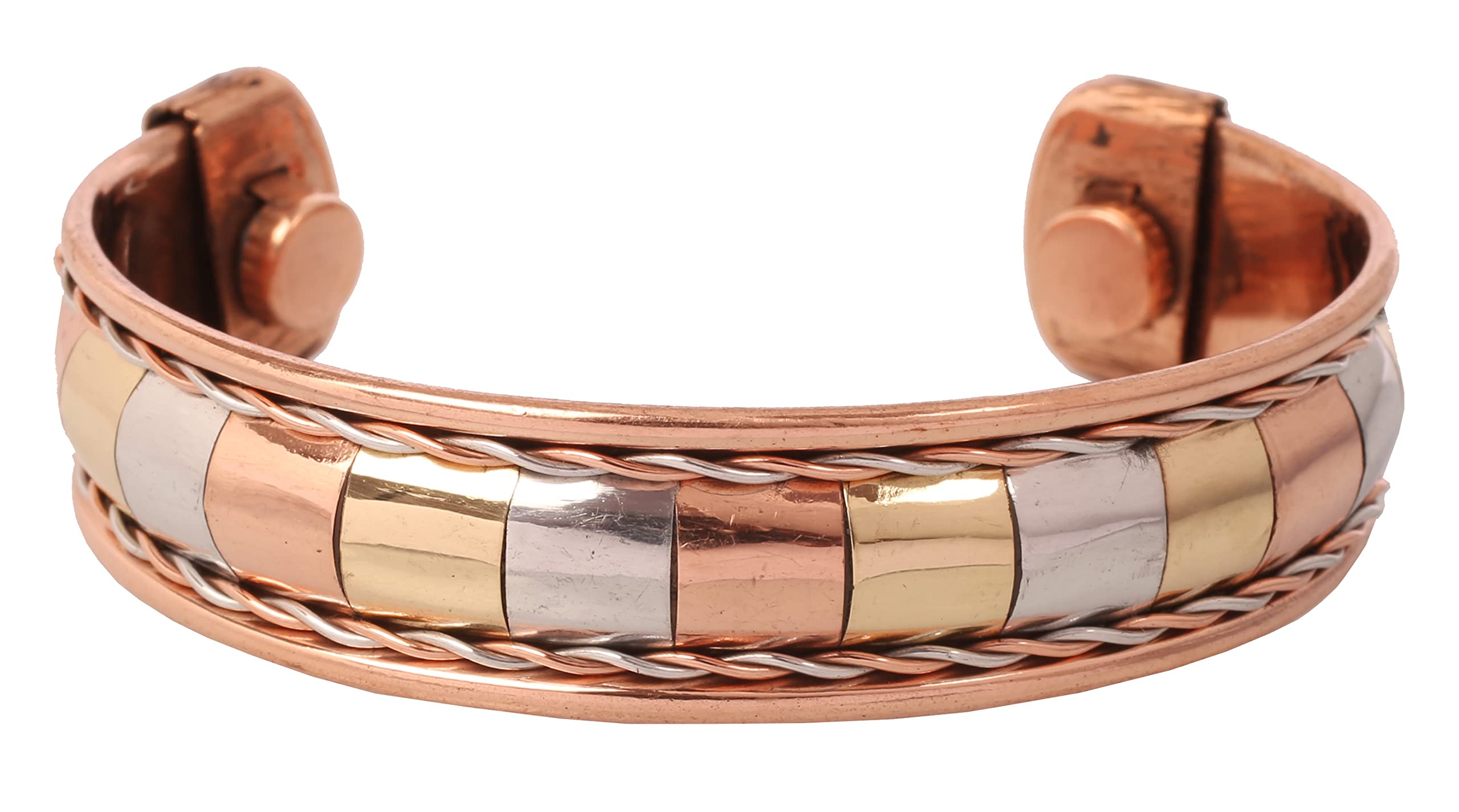 Touchstone Copper Hand Forged With Solid And High Gauge Tibetan Style Beautiful Three Metal Chips Embedded Minimalistic Elegance Pure Copper Bracelet In Triple Tones.