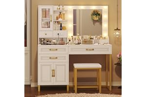 BTHFST Makeup Vanity Desk with Mirror and Lights & Charging Station & Makeup Stool, Vanity Table Set with Glass Top Storage Drawer & Beach & 3 Shelves for Bedroom (Modern White & Gold)