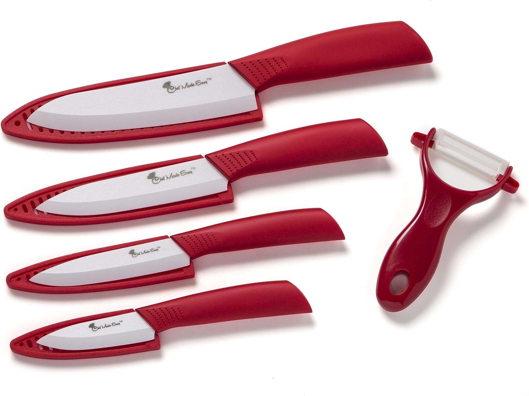 ON SALE Chef Made Easy Ceramic Knife Set 9 Piece - Kitchen Knives with Case (Knife Sheaths) – Add to Collection of Cutlery Kitchen Utensils – Use As Bread, Vegetable and Chef Knife – (Red Set)