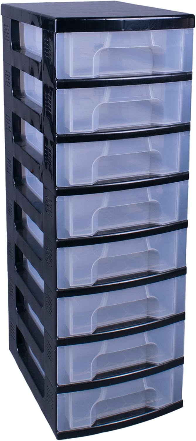 Really Useful Plastic Storage Box Storage Tower 8x7 Litre Black Frame with Clear Drawers, 8 x 7 Litre