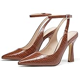 Coutgo Womens Closed Toe High Heels Slingback Pointed Toe Pumps Ankle Strap Dress Shoes