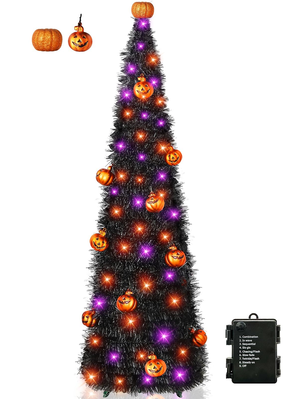 Photo 1 of [Timer& Pumpkin] 5 Ft Black Tinsel Halloween Tree with 50 LED Orange Purple Lights, Pop Up Artificial Pencil Tree with Lantern Topper & 10 Jack-O Pumpkin Balls Ornaments for Halloween Decor Indoor