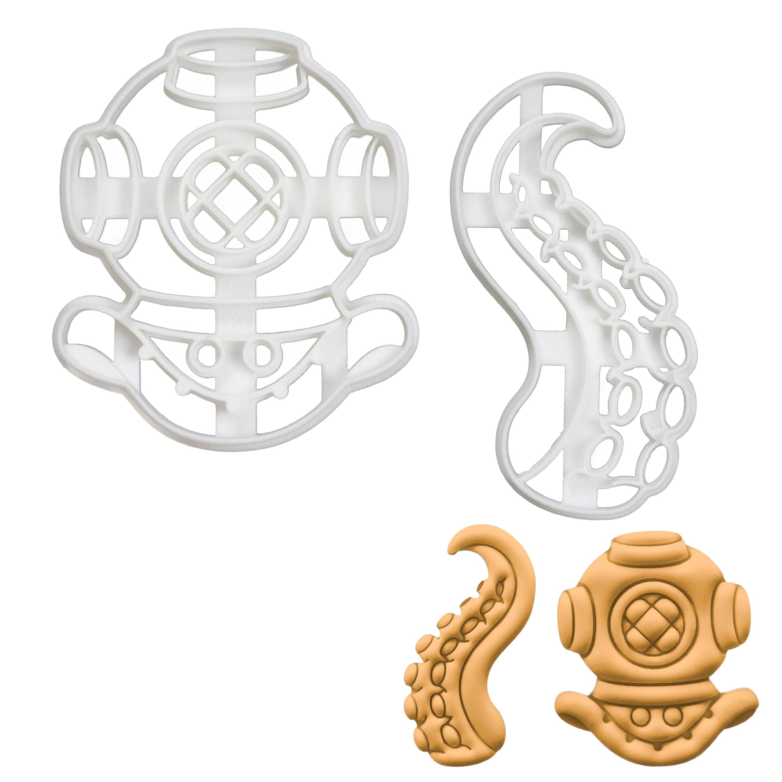 BAKERLOGY Set of 2 Retro Nautical Themed Cookie Cutters (Designs: Diver's Helmet and Tentacle) - Detailed Biscuit Cutter Design for Baking and Crafts, Ideal on Fondant, Dough, Clay