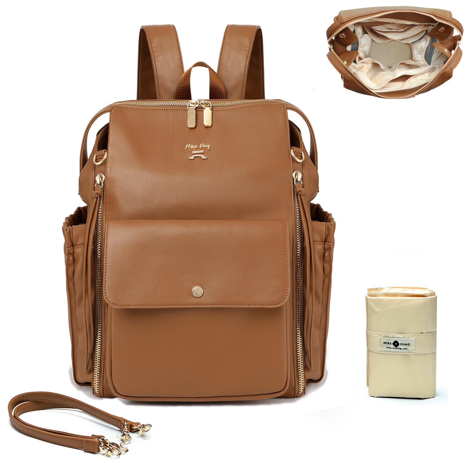 MISS FONG Leather Changing Bag Nappy Backpack,Baby Bags with Changing Mat Diaper Bag for Mum and Dad,Stroller Straps,Insulated Pockets,Brown