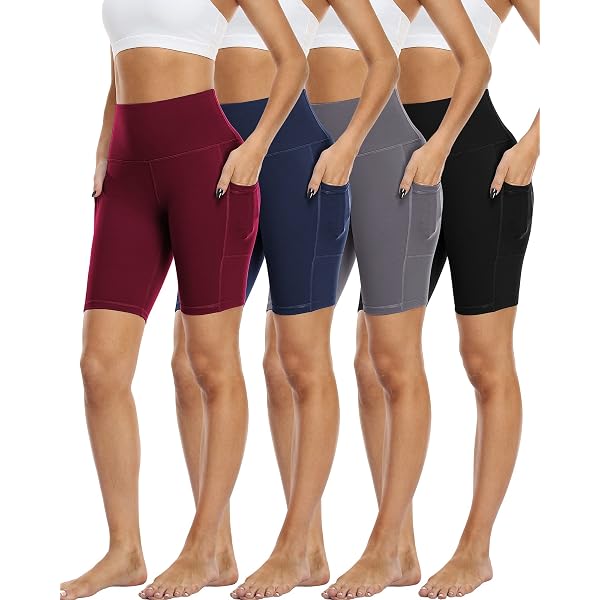 WHOUARE 4-Pack Women's Biker Yoga Shorts - High Waisted With Pockets, Tummy Control Workout Shorts