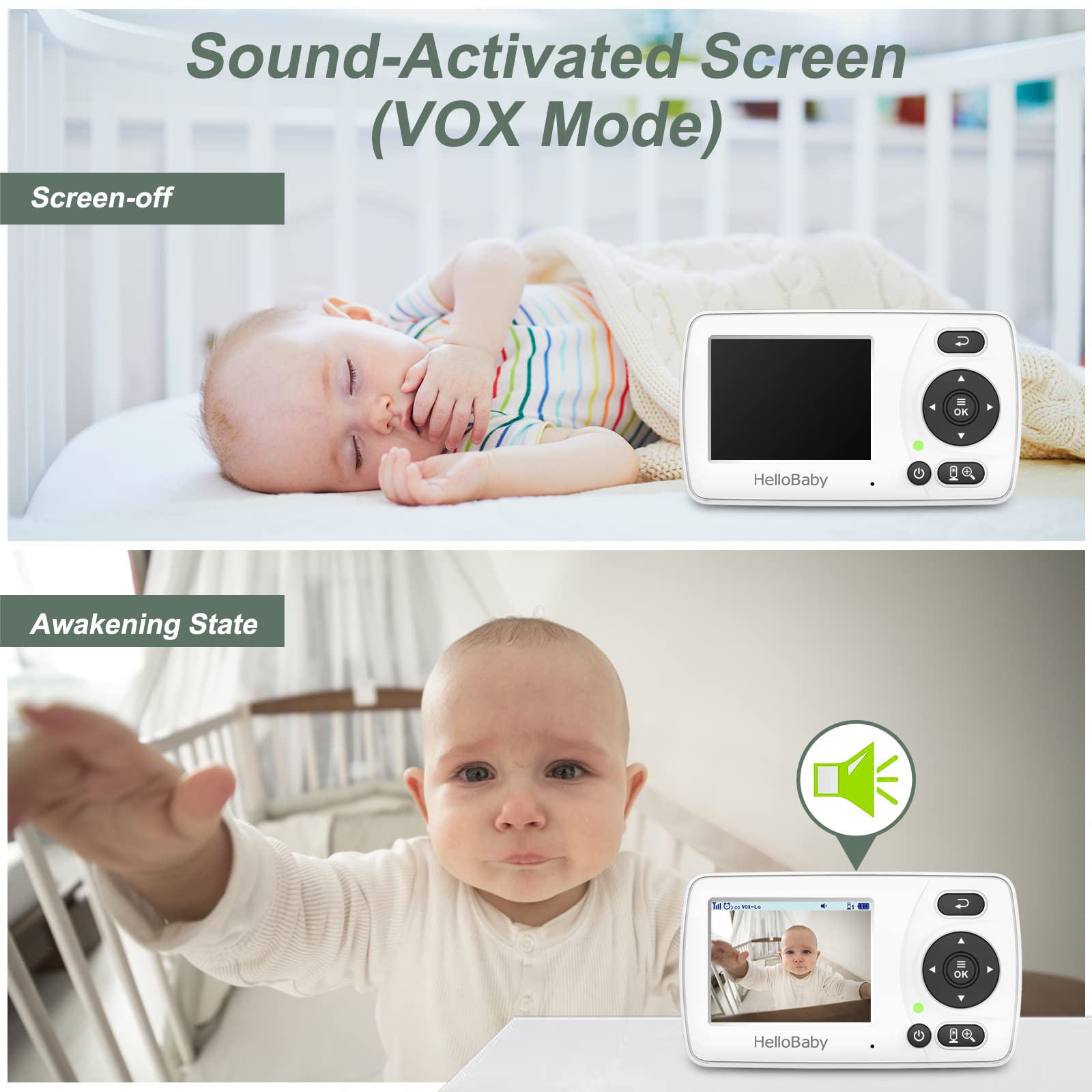 Hellobaby HB30 Video Baby Monitor with Digital Camera and Audio, No WiFi No App Safety Baby Monitor, 8 Languages, Auto Night Vision, 1000ft Transmission Range, 2.4 inch Portable Screen, White