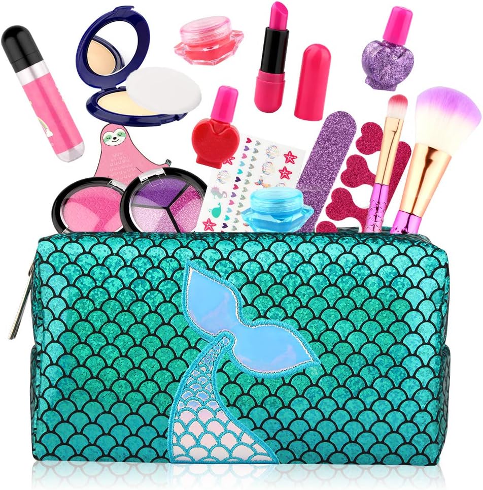 Growsland Kids Makeup Toys - 17Pcs Makeup Set for Girls Pretend Play Game Halloween Xmas Birthday Party Makeup Kit for Toddlers with Cosmetic Bag